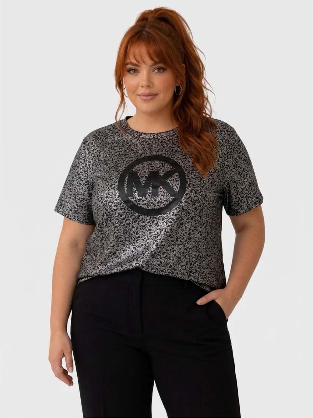 MICHAEL Michael Kors Women's Allover Metallic Logo Print Short Sleeve T-Shirt